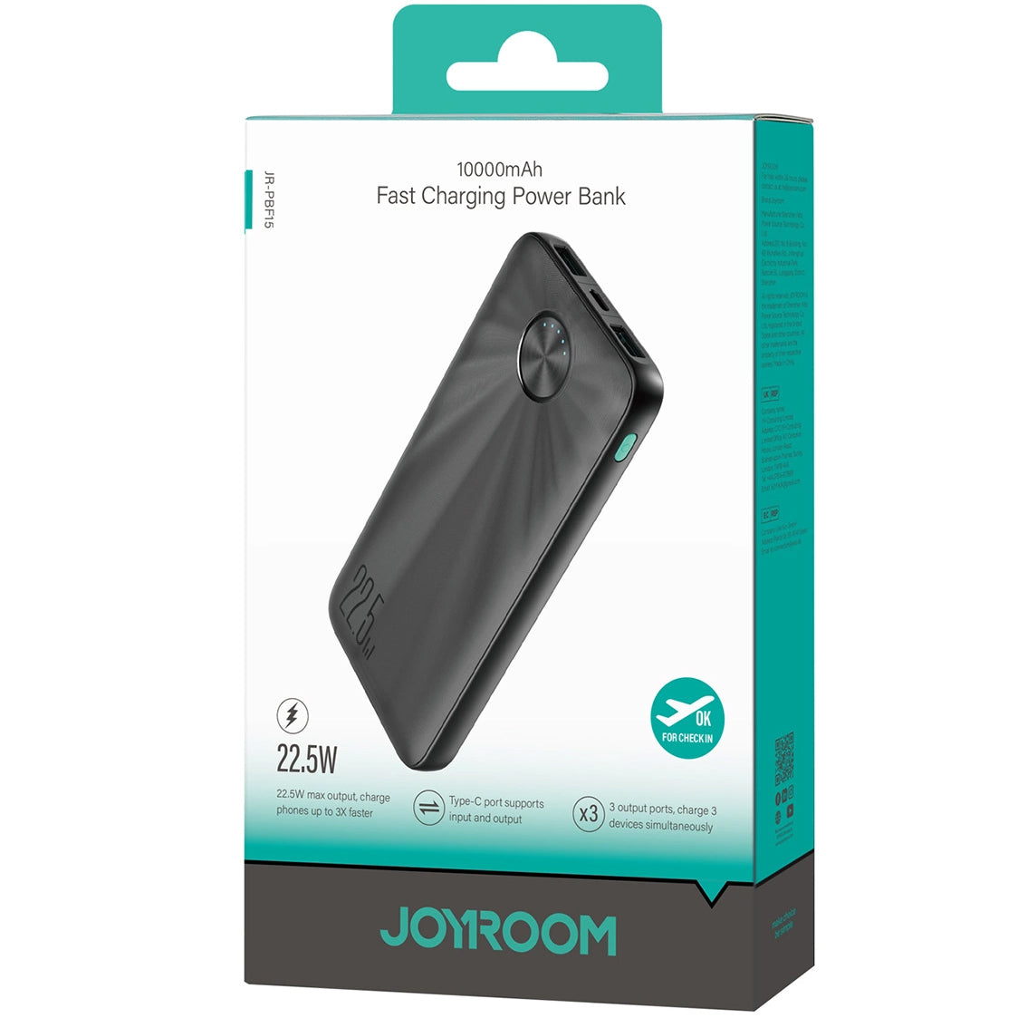 External Battery Joyroom JR-PBF15, 10000mAh, 22.5W, QC + PD, 1 x USB-C - 2 x USB-A, Black 