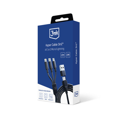 Charging Cable USB-A / USB-C - Lightning / microUSB / USB-C 3MK Hyper 3in1, 12W, 1.5m, Black 
