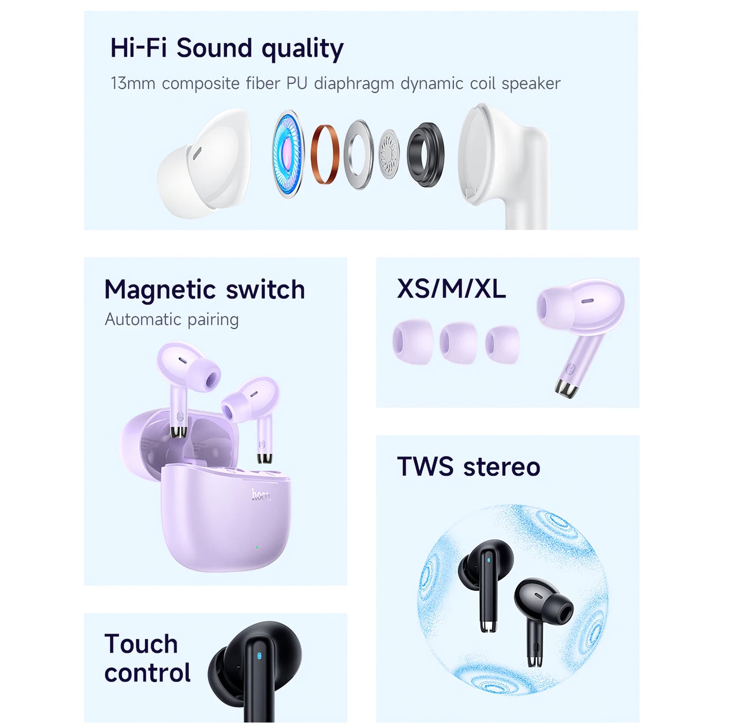Handsfree Bluetooth HOCO EQ2, TWS, Mov 